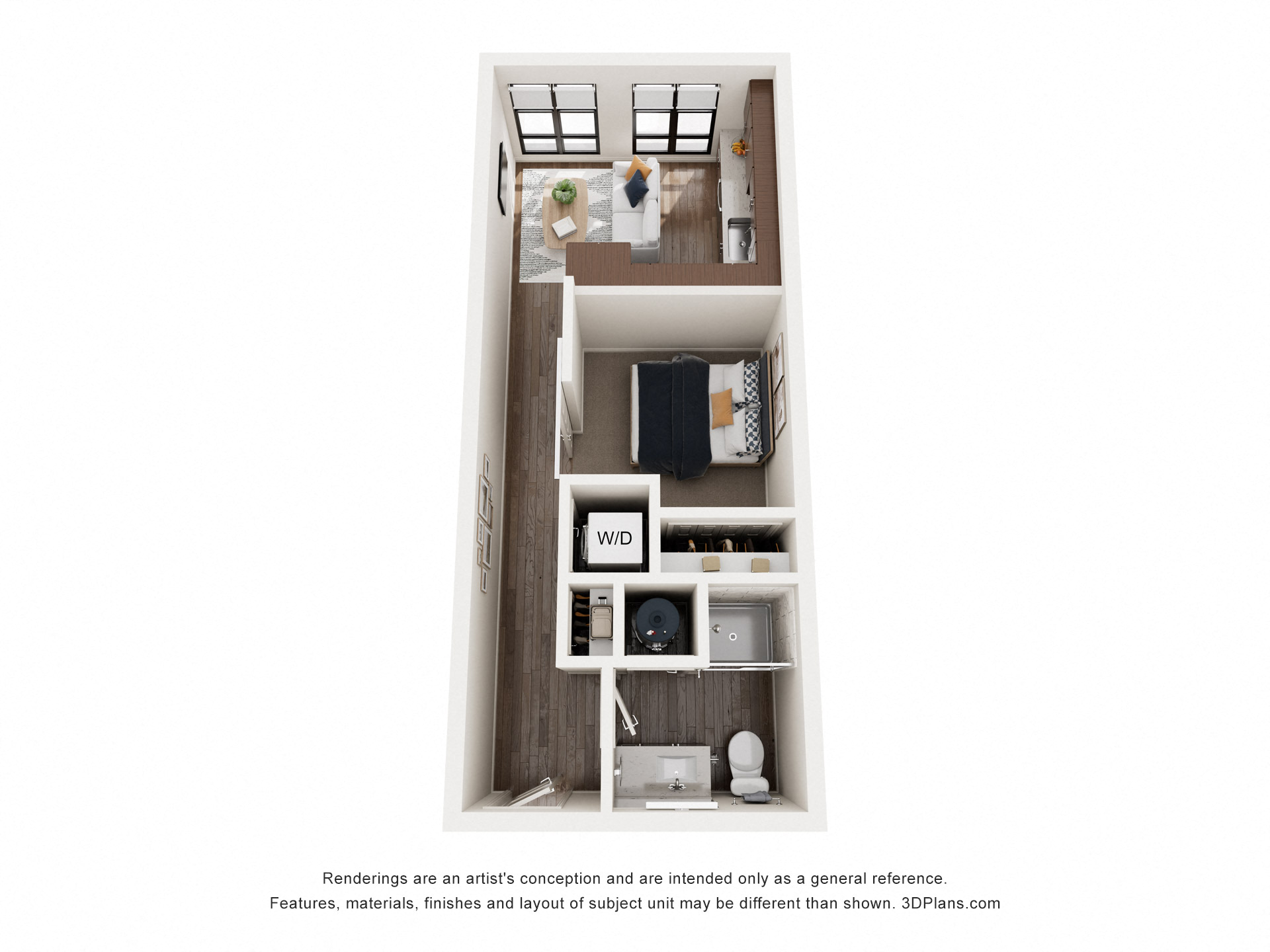 Floor plan for studio, 1 bath, 670 sqft